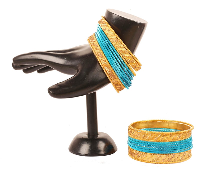 Touchstone NEW Metallic Colorful 2 Dozen Bangle Collection Indian Bollywood Textured Turquoise Color Jewelry Special Large Size Bangle Bracelets Set Of 24 In Gold Tone For Women - Image 2